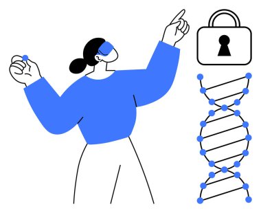 Kadın bilim adamı, genetik ve veri güvenliğinin konularını gösteren bir güvenlik kilidinin yanındaki DNA ipliğine işaret ediyor. Bilimsel araştırma, biyoteknoloji, genetik mühendislik ve siber güvenlik için ideal.