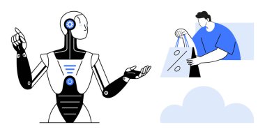 Yapay zeka robotu bulut temalı bir ortamda alışveriş torbaları tutan birine el kol hareketi yapıyor. Teknoloji, yapay zeka entegrasyonu, e-ticaret, dijital iletişim, çevrimiçi alışveriş, fütüristik kavramlar için ideal