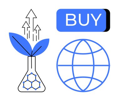 Oklarla, küresel ağ küresiyle ve Buy düğmesiyle mataradan bitki yetişiyor. E-ticaret, sürdürülebilirlik, biyoteknoloji, çevre bilinci, çevrimiçi alışveriş, küresel ticaret için ideal