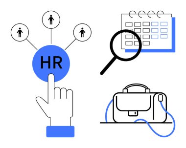 İnsan Kaynakları ikonuna dokunmak, büyüteçli takvim ve evrak çantası. İşe alım, İK yönetimi, iş arama, iş akışı çizelgesi, çalışan yönetimi, takım yönetimi için ideal