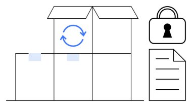 Geri dönüşüm sembollü mukavva kutuyu aç, kilitli kilit ve çizgilerle doküman. Nakliye, geri dönüşüm, güvenlik, depolama, lojistik sürdürülebilir uygulamalar ve belge yönetimi için ideal. Çizgi