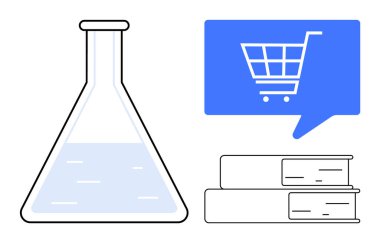 Mavi konuşma balonunun yanında sıvı bulunan kimya şişesi, alışveriş arabası ikonu ve iki kitap yığını. E-ticaret, eğitim, bilim, perakende, araştırma, çevrimiçi öğrenme ve analiz için ideal. Çizgi