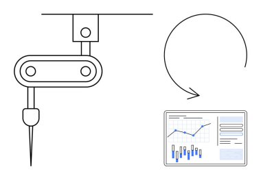 Dairesel bir okun yanında bilgisayar ekranında veri analizleriyle etkileşen robot kol aracı. Otomasyon için ideal, sanayi 4.0, robotik, mühendislik, imalat, yapay zeka ve sürekli