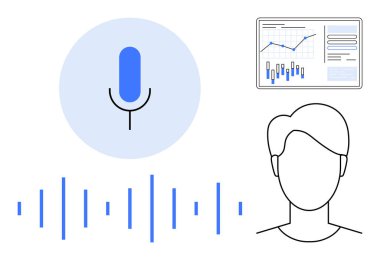 Ses dalgaları, kullanıcı avatarı ve grafikleri olan mavi mikrofon simgesi. Teknoloji, veri analizi, iletişim, kullanıcı arayüzü, yapay zeka geliştirme, makine için ideal
