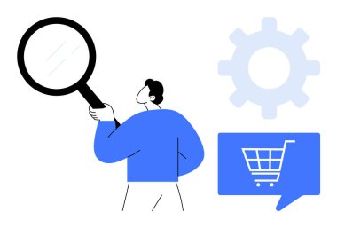 Elinde büyüteç, mavi alışveriş arabası ikonu ve vites sembolü olan biri. Çevrimiçi alışveriş, arama işlevselliği, e-ticaret, web sitesi ayarları, mobil uygulamalar, müşteri hizmetleri, kullanıcı