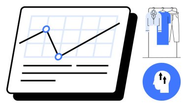 Giysi rafının ve oklu baş simgesinin yanında yukarı doğru eğilimli çizelge. İş büyümesi, moda endüstrisi, kişisel kalkınma, pazar analizi, kariyer büyümesi, ekonomik eğilimler için ideal