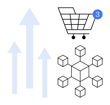Üç tebligatlı alışveriş arabası, yukarı doğru üç ok ve blok zinciri. Çevrimiçi alışveriş, dijital büyüme, pazar eğilimleri, engelleme zinciri teknolojisi, iş için ideal