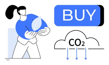 Woman holding a leaf, large BUY button, CO2 cloud with arrows pointing downward. Ideal for sustainability, eco-friendly products, environmental awareness, carbon footprint reduction, green marketing clipart