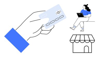 Bilgisayarı ve mağazası olan birinin yanında online işlemler için kredi kartı tutuyor. E-ticaret için ideal, çevrimiçi ödeme, İnternet bankacılığı, dijital pazarlama, çevrimiçi perakende, finans
