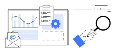 Ekranda veri analizi, kontrol listesi panosu, e-posta simgesi, vites ve el büyüteci var. İş analizleri, dijital pazarlama, proje yönetimi, e-posta kampanyaları, veriler için ideal