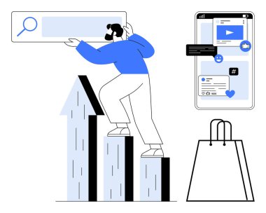 İş kadını, dizüstü bilgisayar arama çubuğu ve yakınlardaki akıllı telefondan sosyal medya etkileşimiyle büyüme tablosuna tırmanıyor. İş büyümesi için ideal, dijital pazarlama, sosyal medya bağlantısı, e-ticaret
