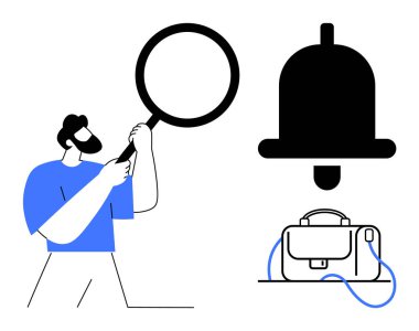 Elinde büyüteç, büyük uyarı zili ve evrak çantası olan bir adam. İş, verimlilik, organizasyon, hatırlatmalar, alarmlar, odaklanma ve soruşturma konuları için idealdir. Satır metaforu