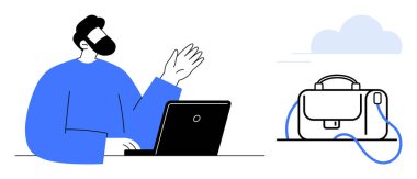 Bilgisayarındaki video görüşmesi sırasında elinde evrak çantası ve bulut ambarı sembolü olan sakallı bir adam. Uzak iş için ideal, çevrimiçi toplantılar, dijital göçebeler, bulut hesaplama, iş iletişimi