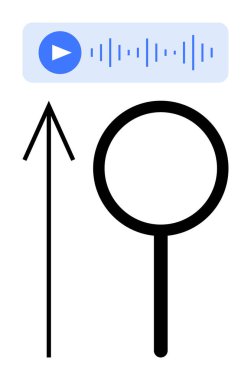 Büyüteçle arama simgesi, yukarı doğru siyah ok ve ses dalgalı mavi çalma tuşu. Sesle ilgili aramalar için ideal, çevrimiçi medya, yayın hizmetleri, podcastlar, ses analizleri, kullanıcı