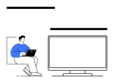 Yanında büyük bir monitör olan bir sandalyeye oturmuş bir dizüstü bilgisayar kullanan kişi. Uzaktan çalışma, teknoloji, ofis verimliliği, modern çalışma alanı, dijital iletişim, çevrimiçi öğrenim için ideal