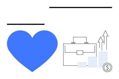 Çantanın yanında mavi kalp, bozuk paralar ve finansal büyümeyi gösteren oklar. Sağlık, finans, yatırım, sağlık, motivasyon, iş geliştirme ekonomik büyüme için idealdir. Çizgi