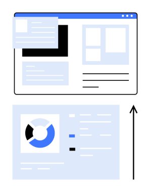 Kullanıcı elemanları grafikleri ve yukarı doğru ok olan bilgisayar ekranları. Web, v19 geliştirme, analitik, üretkenlik, büyüme, yenilik, teknoloji, finansal planlama için idealdir. Satır metaforu