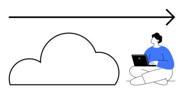 Mavi bluzlu biri dizüstü bilgisayar kullanırken bulut şekli ve sağı gösteren okun yanında oturuyor. Bulut bilgisayarı, veri transferi, teknoloji, uzak çalışma, çevrimiçi depolama, bilişim çözümleri için ideal