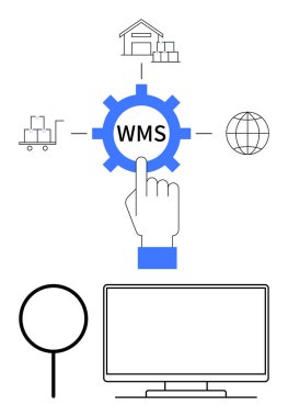 Depoya, nakliye kamyonuna, küreye, büyüteç ve bilgisayara bağlı bir WMS vites simgesini işaret ediyor. Lojistik, depolama, tedarik zinciri, envanter yönetimi için ideal online alışveriş