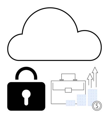 Kilitli, çantalı ve mali büyüme sembollü bulutlar. Bulut depolama, siber güvenlik, finans, veri koruması, iş büyümesi çevrimiçi güvenlik dijital ekonomisi için idealdir. Satır metaforu
