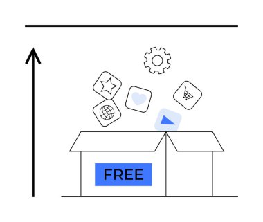 FREE etiket simgeleriyle dolu bir kutu. Yıldız küresi kalp, düğmeli alışveriş arabası takımları. Dijital araçlar, serbest kaynaklar, yenilik, teknoloji, yaratıcılık, üretkenlik, ulaşılabilirlik için idealdir. Çizgi