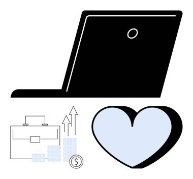 Açık bir dizüstü bilgisayarın silueti, içinde finansal büyüme okları olan evrak çantası, bir yığın bozuk para ve kalp şekli. İş hayatı dengesi, iş büyümesi, mali planlama, uzaktan çalışma, üretkenlik için ideal