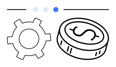 Dolar işareti olan üç nokta ve çizgilerle işaretlenmiş madeni para simgesinin yanında vites simgesi var. İş stratejisi, mali planlama, operasyonel verimlilik, maliyet yönetimi, ekonomi için ideal