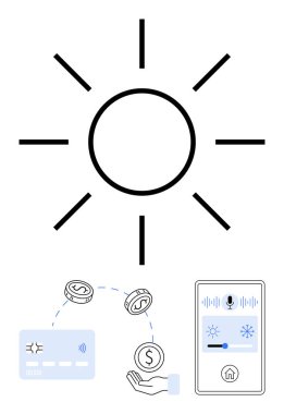 Güneş sembolü, madeni para transferi, kredi kartı, el ve ikonlu akıllı ev sıcaklığı kontrol paneli. Teknoloji, finans, ev otomasyonu, enerji verimliliği modern yaşam için ideal.