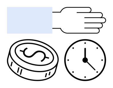 El dolar işareti ve analog saatle sikkeye uzanıyor. Finansal yönetim, yatırım, üretkenlik, zaman yönetimi, iş analizleri, verimlilik, planlama için ideal. Satır metaforu