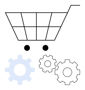 İki siyah tekerlekli alışveriş arabası ve birbirine bağlı üç vites otomasyonu simgeliyor. E-ticaret, iş akışı optimizasyonu, sistem entegrasyonu, perakende çözümler, çevrimiçi alışveriş, süreç için ideal