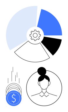 Dişli ikonlu pasta tablosu, bozuk para yığını ve iş kadını profili. İş, finans, kariyer büyümesi, veri analizi, yatırım bütçesi yönetimi kişisel gelişimi için idealdir. Çizgi