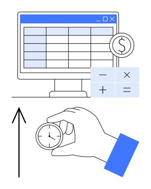 Finansal verileri gösteren bilgisayar ekranı, zaman yönetimini sembolize eden el ele tutuşan saat ve ilerlemeyi gösteren yukarı doğru ok. İş, finans, zaman yönetimi ve verimlilik için ideal