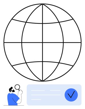 Kablo küresi ve işaret simgesinin yanında büyüteç tutan kişi. Analiz, araştırma, küresel perspektif, doğrulama, kalite, teknolojik ilerleme, dijital içerik için ideal. Çizgi