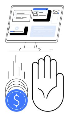 Bilgisayar monitöründe belgeler ve mesajlar, açık bir el hareketi ve paraların düşüşü görülüyor. Çevrimiçi finans, tasarruf, dijital bankacılık, yatırım, teknoloji ve finansal planlama için ideal