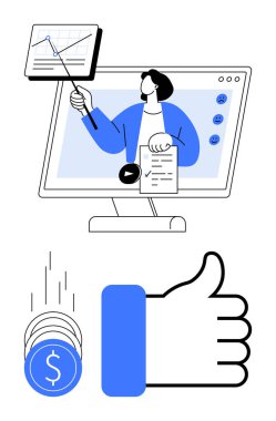 Ekranda işaret ve notlarla finansal verileri sunan kişi. Bozuk paraların yanında bir de baş parmak işareti. Finans, eğitim, iş, pazarlama, web, v08inars için ideal, başarı dijital öğrenme