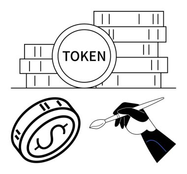 Üzerinde TOKEN yazan büyük bir jeton, dolar işareti olan bir bozuk para ve fırça tutan bir el olan dijital jetonlar. Fintech, dijital para birimi, yatırım, sanat, yaratıcılık, teknoloji finansmanı için ideal