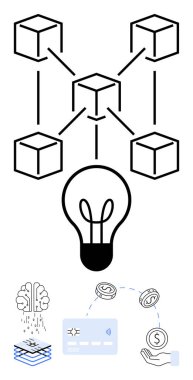 Küpler bir ampulün üstündeki zinciri simgeleyen bir ağa bağlı. Ek görüntüler arasında beyin, katmanlar, kredi kartı ve madeni paralar yer alıyor. Engelleme zinciri, yenilik, yapay zeka ve finans teknolojisi için ideal