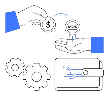 Madeni para karşılığı dijital jeton, cüzdan ve vitesler de mali işlemleri sembolize ediyor. Şifreleme, fintech, dijital cüzdan, yatırım, engelleme zinciri, çevrimiçi için ideal