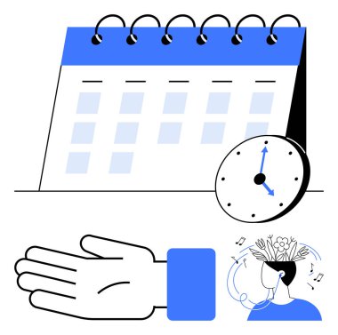 Saatli takvim, ele uzanan el ve çiçek açan kafa. Üretkenlik, farkındalık, zihinsel sağIık, zaman yönetimi, iş hayatı dengesi, kişisel bakım programları için idealdir. Satır metaforu