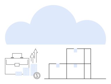 Yığılmış kutuların üzerindeki büyük mavi bulut, yükselen ok grafikleri ve para birimi sembollü evrak çantası. Bulut hesaplama, iş büyümesi, lojistik, depolama çözümleri, mali analiz, veri için ideal
