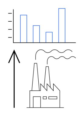 Industrial factory emitting smoke, increasing bar chart, black upward arrow indicating growth. Ideal for business growth, economic progress, industry expansion, financial gains, economic analysis clipart