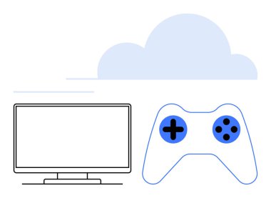 Oyun denetleyici ve bilgisayar monitörü bulut oyunlarını temsil eden bir buluta bağlı. Teknoloji, oyun, bulut hesaplama, dijital eğlence, çevrimiçi oyun, uzaktan erişim ve modern