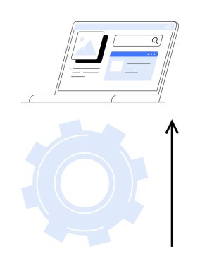 Dizüstü bilgisayar teçhizatı yukarı doğru olan ok dijital ilerlemeyi ve büyümeyi gösteriyor. Teknoloji, yenilik, verimlilik, gelişme, çevrimiçi platformlar, arama motorları, dönüşüm için ideal. Satır metaforu