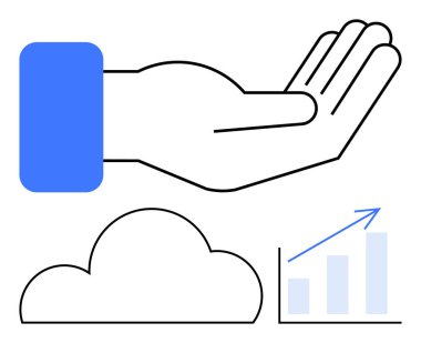 Yukarı doğru uzanan el, bulut simgesi ve ok ile yükselen çubuk grafiği. İş büyümesi, destek hizmetleri, bulut hesaplaması, veri analizleri, takım çalışması, ilerleme görselleştirme ağı için ideal