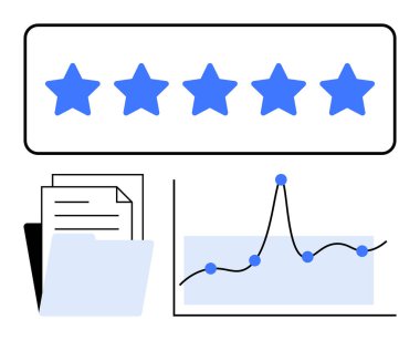 Çizgi grafiği olan beş mavi yıldızlı dosya. İş anlayışı, analitik, strateji geliştirme, performans değerlendirmesi, verimlilik, büyüme, veri odaklı kararlar için idealdir. Çizgi