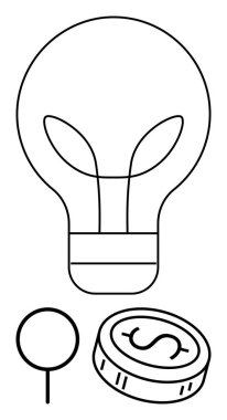 Yaprak telli ampul, bozuk para ve bir broş. Ticari yenilik, finans, başlangıç fikirleri, büyüme stratejileri, ekonomi yatırımları yaratıcı düşünce temaları için idealdir. Satır metaforu