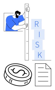 RİSK etiketli blokları cetvel, dolar parası ve belge simgesi kullanarak ölçen adam. Mali analiz, risk değerlendirmesi, iş stratejisi, yatırım planlaması, ekonomik tahminler için ideal