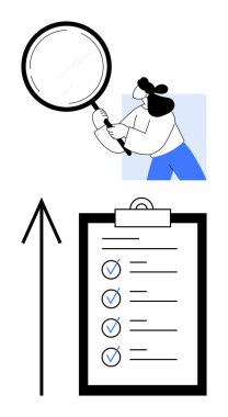 Elinde büyüteç tutan kişi kontrol listesine odaklanmış, üzerinde mavi işaretler olan bir pano, yukarı doğru siyah ok. Kalite kontrol, öncelik, verimlilik, görev yönetimi ve denetim için ideal