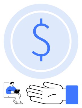 Dizüstü bilgisayarda çalışan kişi, büyük dolar işareti, uzatılmış el. Serbest çalışma, ödeme süreçleri, dijital ekonomi, mali işlemler, çevrimiçi iş uzak ticaret temaları için idealdir. Çizgi