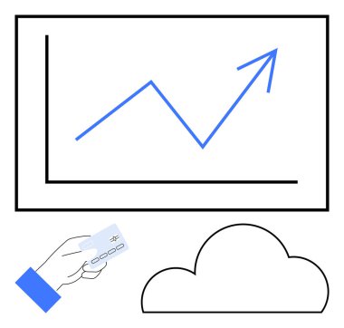 Kredi kartı, ekranda büyüme grafiği ve finans ve veri entegrasyonunu sembolize eden bulut. Finansal teknoloji, veri analizi, bulut hesaplaması, iş stratejisi ve ekonomi için ideal